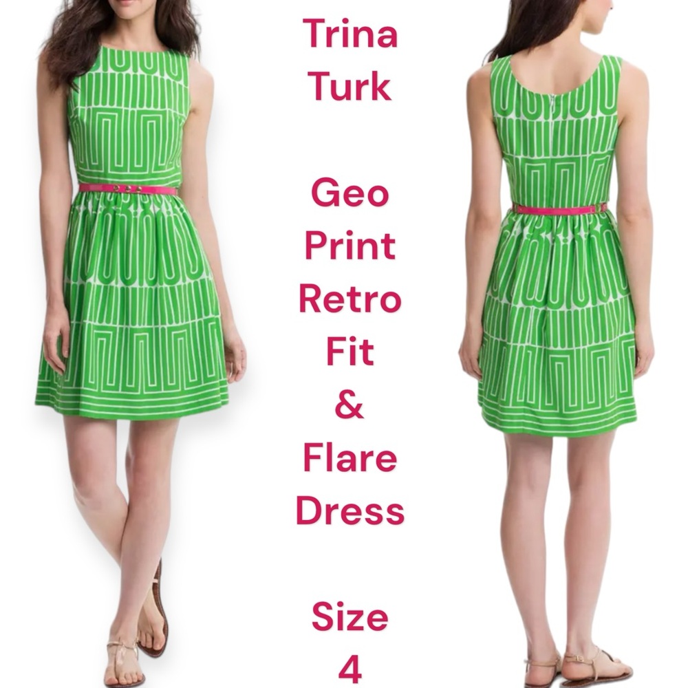 Trina Turk green / white retro mod geo print fit and flare dress size 4 -